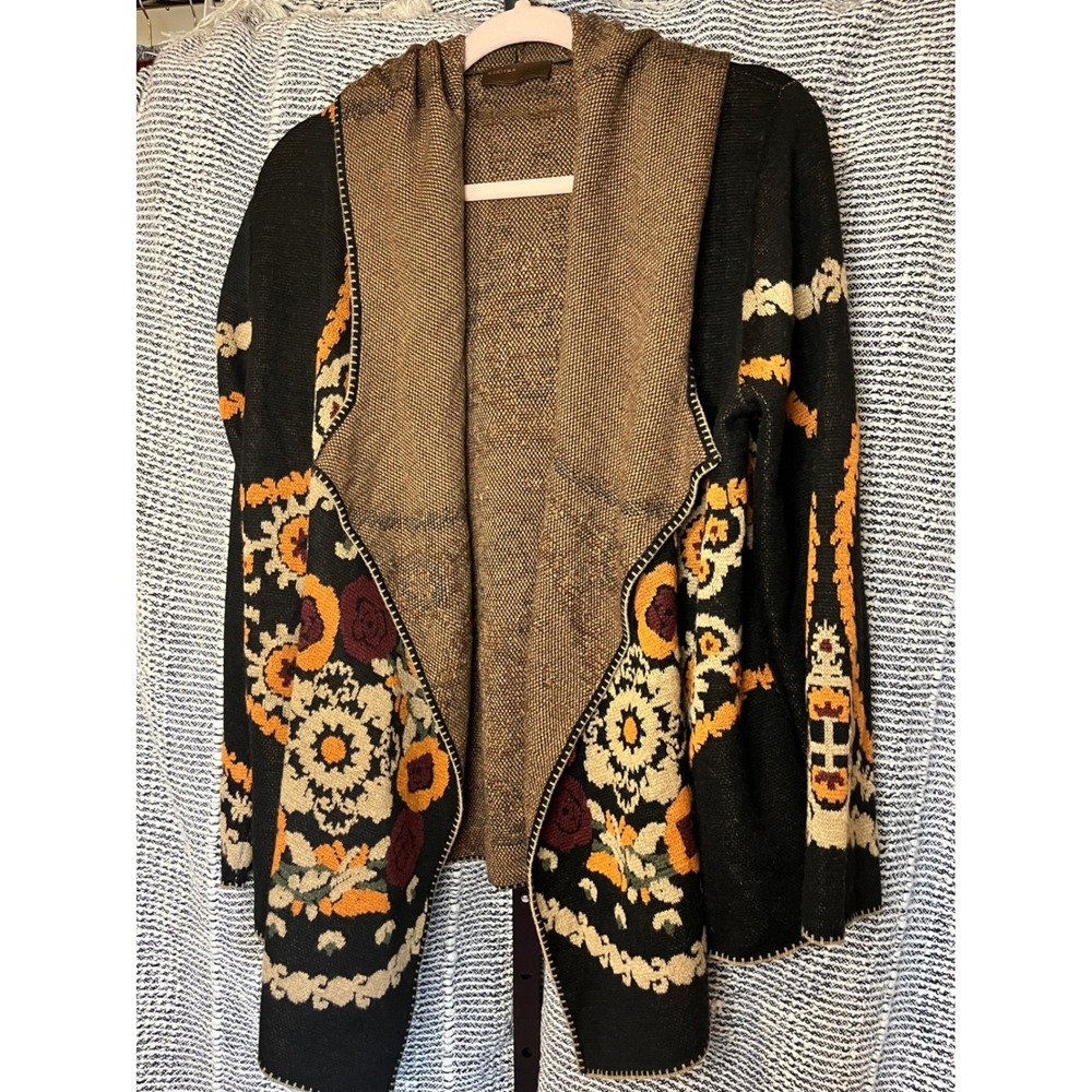 KERISMA Black Orange Floral Pattern Hooded‎ Knit Cardigan Sweater Jacket S M